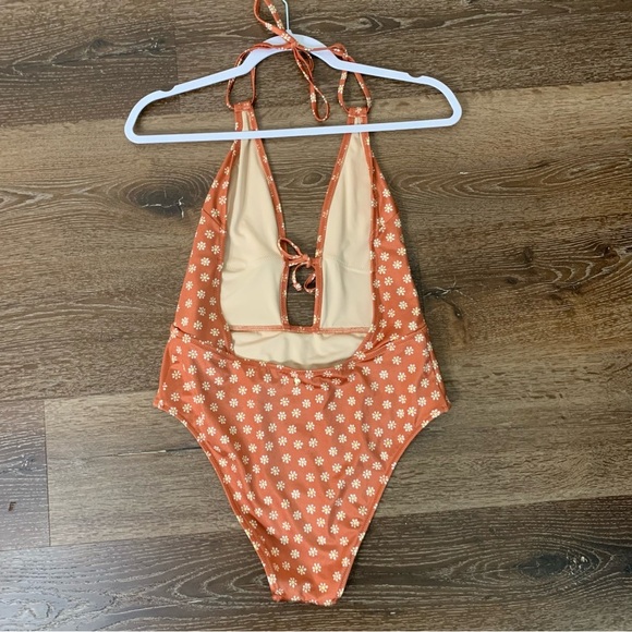 Victoria’s Secret Womens orange rusty Daisy print plunge tie neck one piece swim - Picture 5 of 11